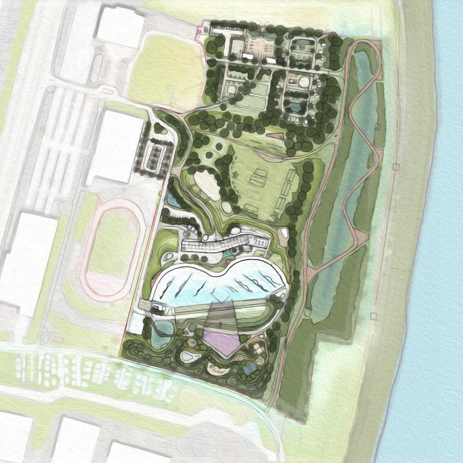 A watercolor-style masterplan rendering of an urban park and recreational facility. The design includes a large wave pool, green spaces, sports fields, walking paths, and several buildings. The site is adjacent to a river on the right and a developed area with roads and buildings on the left.