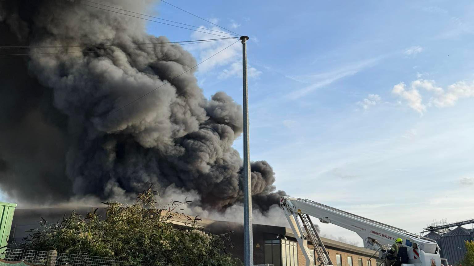 Plumes of black smoke billow into a blue sky as a fire engine can be seen tackling the blaze