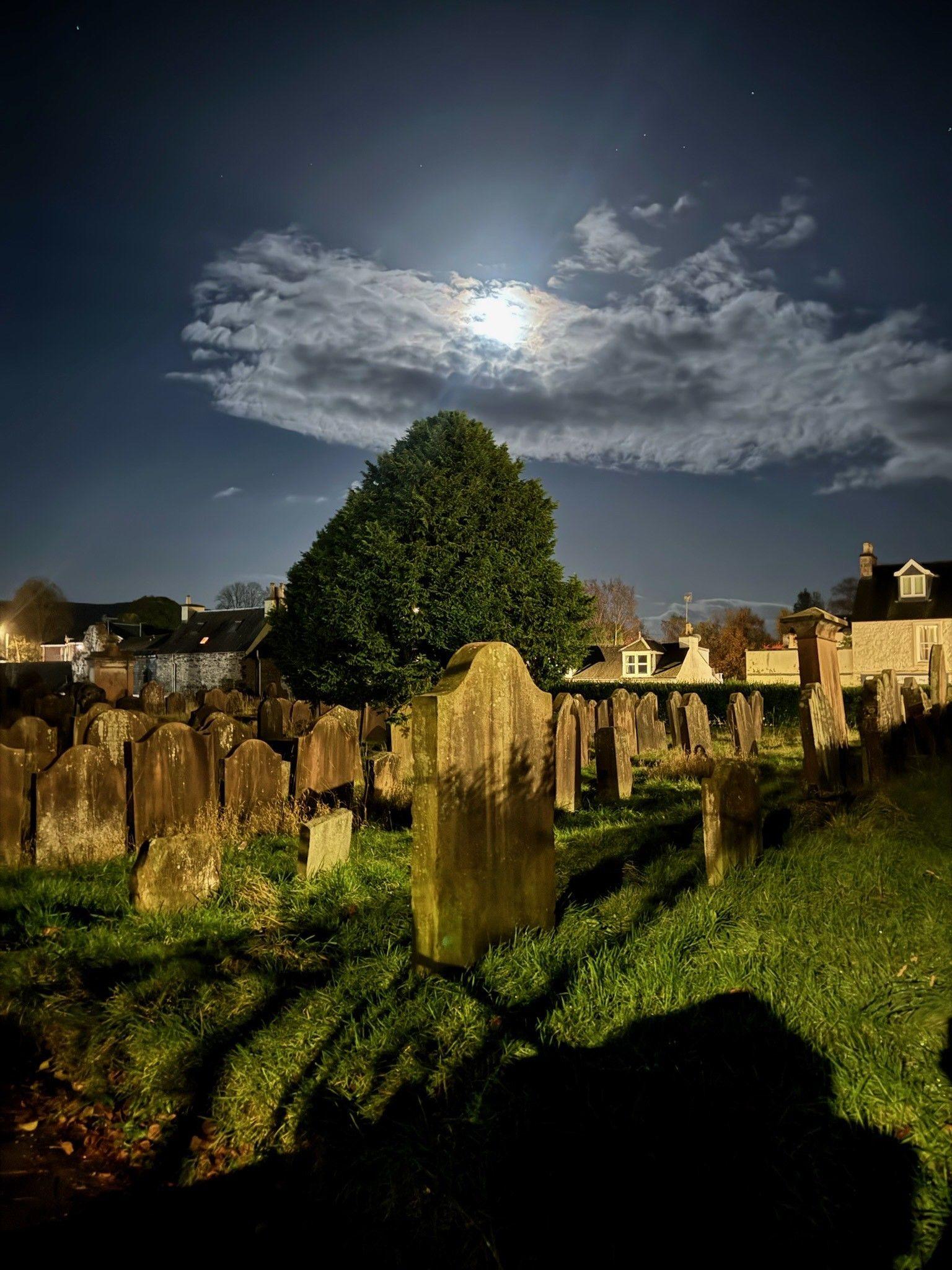 A moonlit graveyard is bathed in an eerie glow, with weathered headstones casting long shadows on the grass. A large tree stands prominently in the centre, framed by a cloud partially veiling the bright full moon. In the background, rooftops of houses peek through.