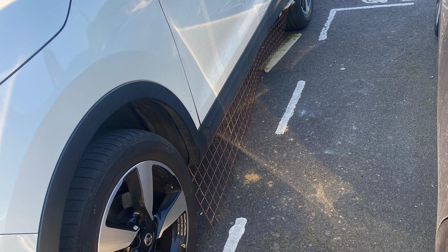 A close up image of wire fencing placed along the side of a white car to prevent animals getting underneath it 