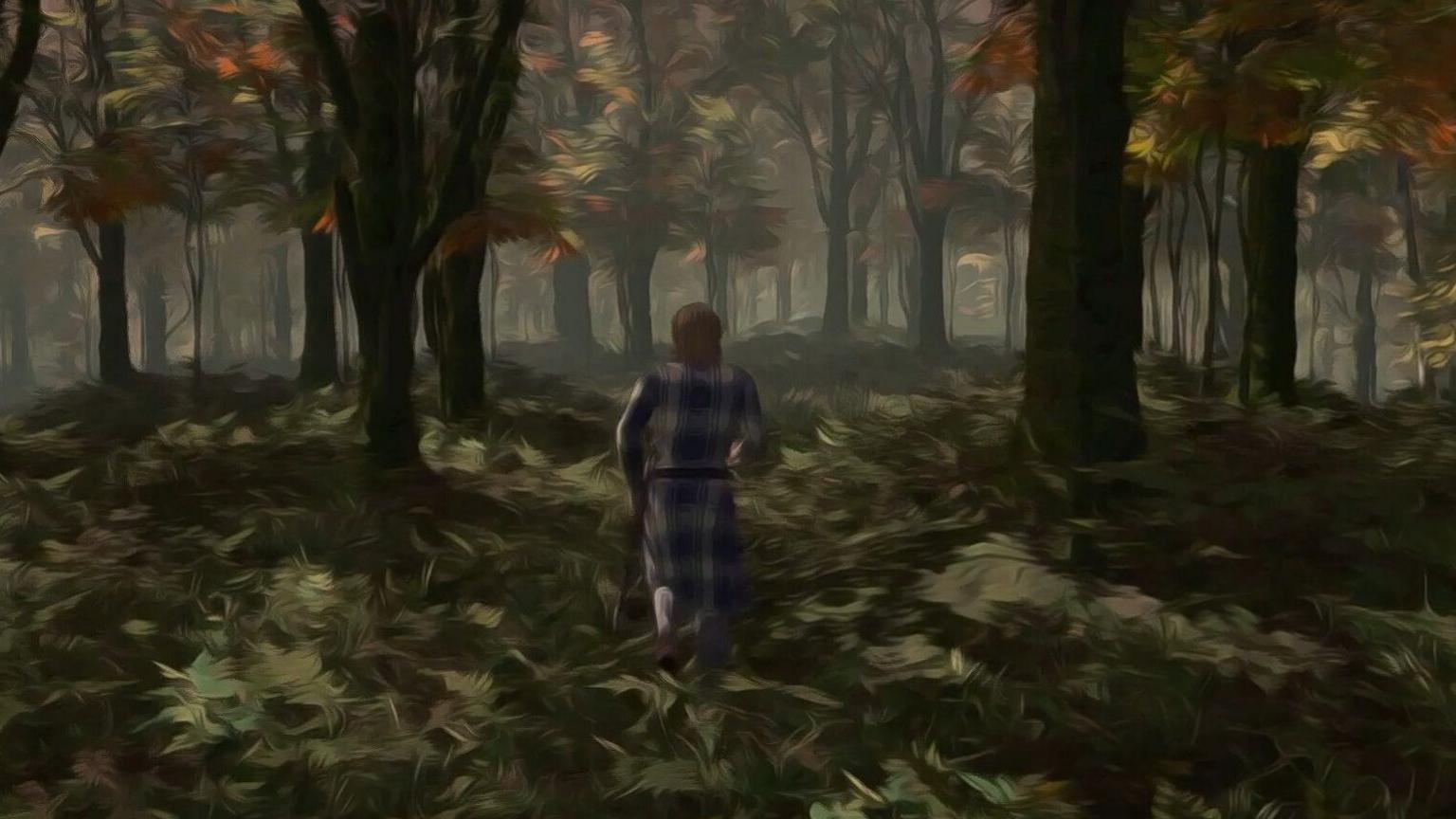 Video game images of a knight walking through a colourful forest