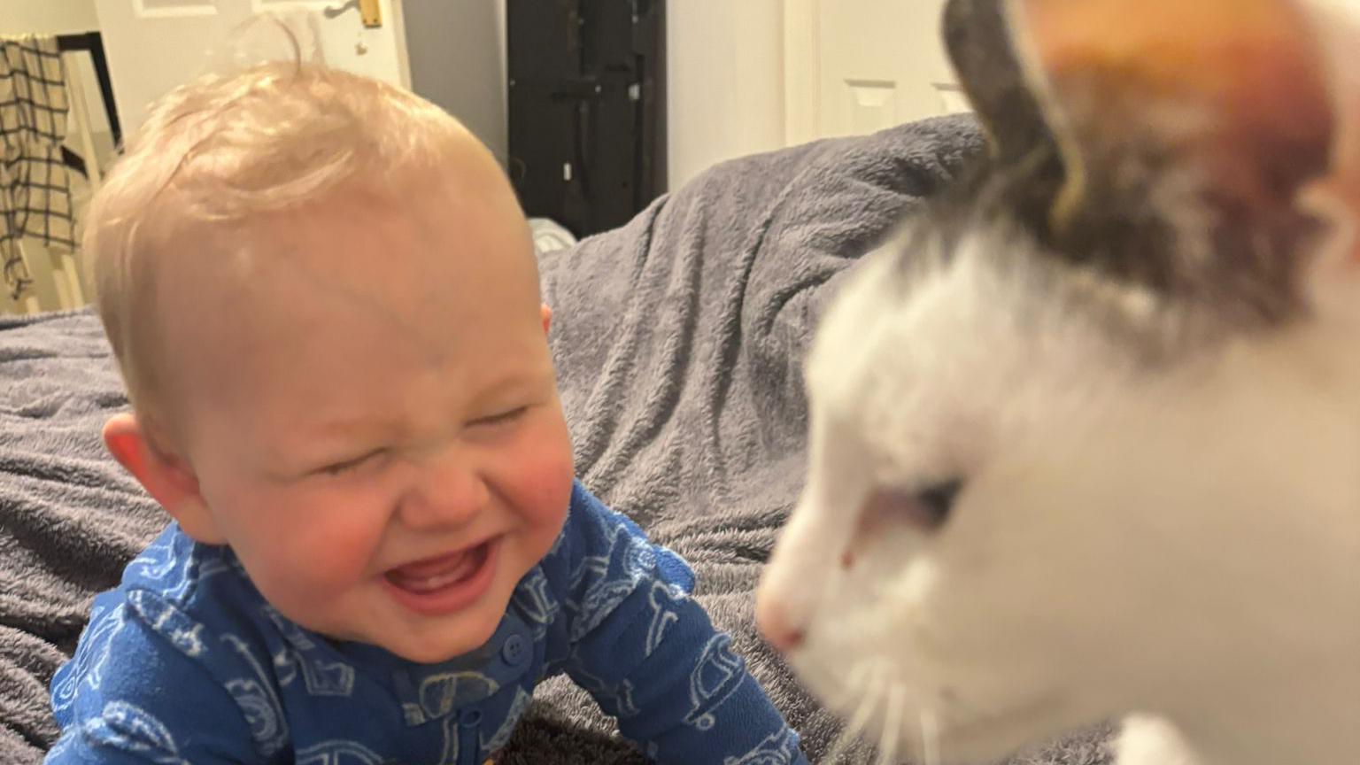 A baby sitting with the cat and smiling