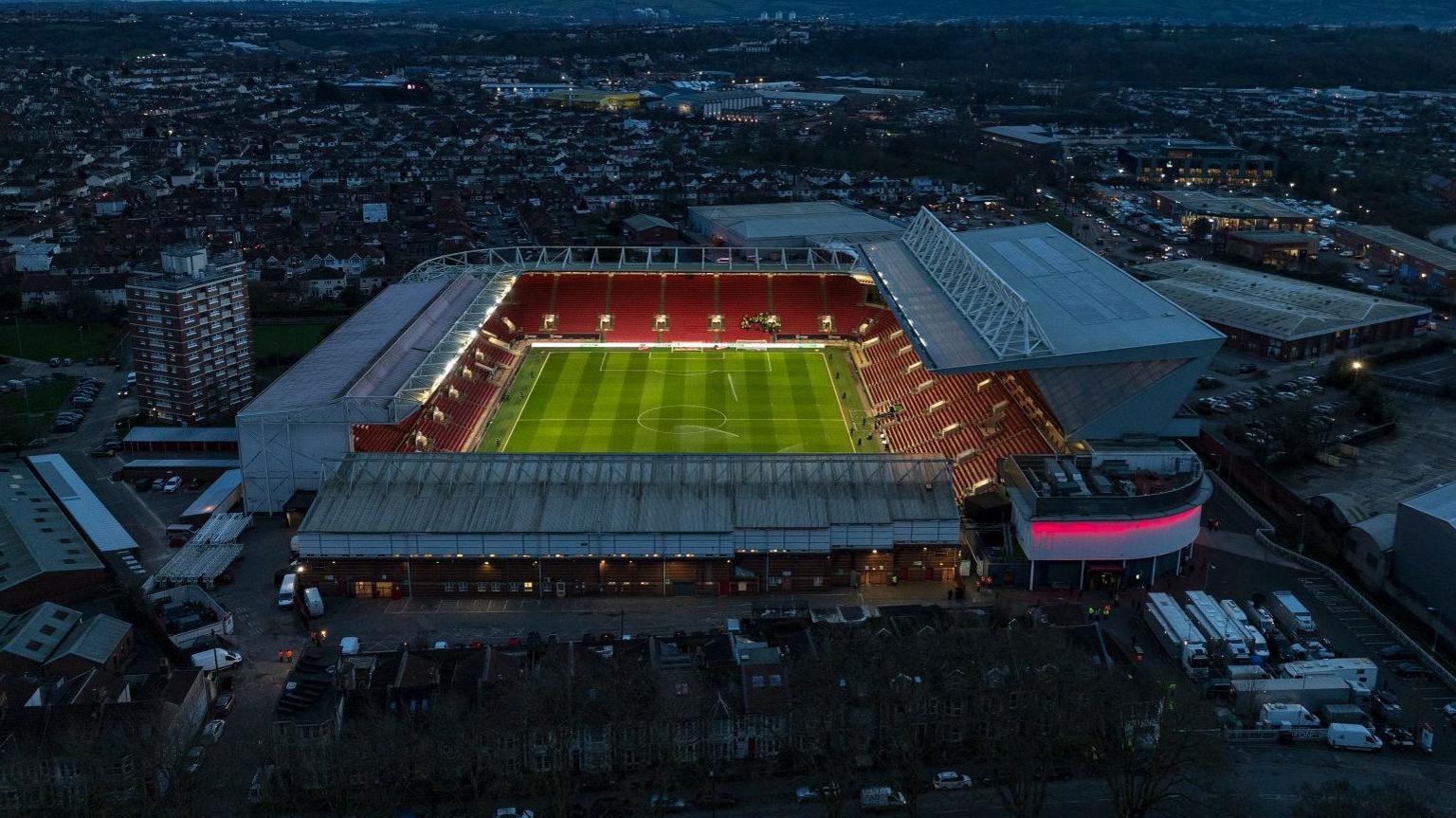 Ashton Gate Stadium in Bristol seen at night from an aerial view