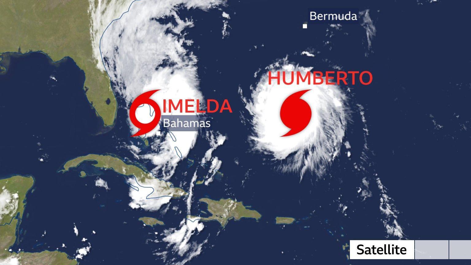 Satellite image showing the close proximity of storms Imelda and Humberto off the southeast coast of the USA