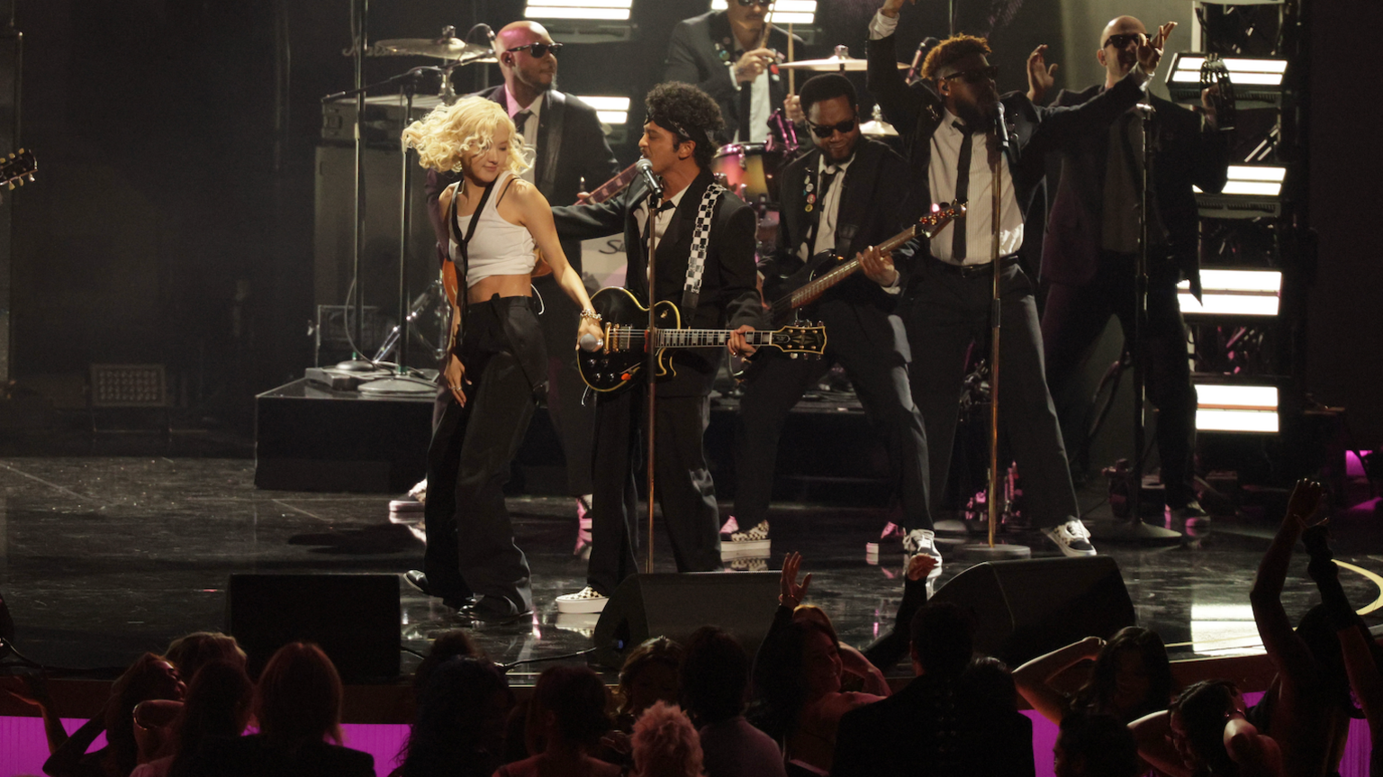 Kpop star Rose and US singer-songwriter Bruno Mars perform onstage during the 68th annual Grammy Awards