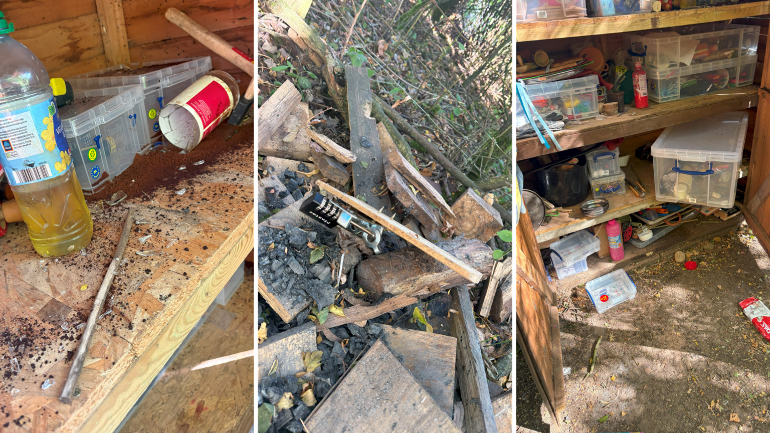 A composite of three pictures. The left image shows oil and food resources tipped out on to one of the shelves in a shed. The image in the centre shows a broken padlock still attached to part of a shed door it came from. The right image shows storage boxes disturbed and some of their contents thrown on the ground.