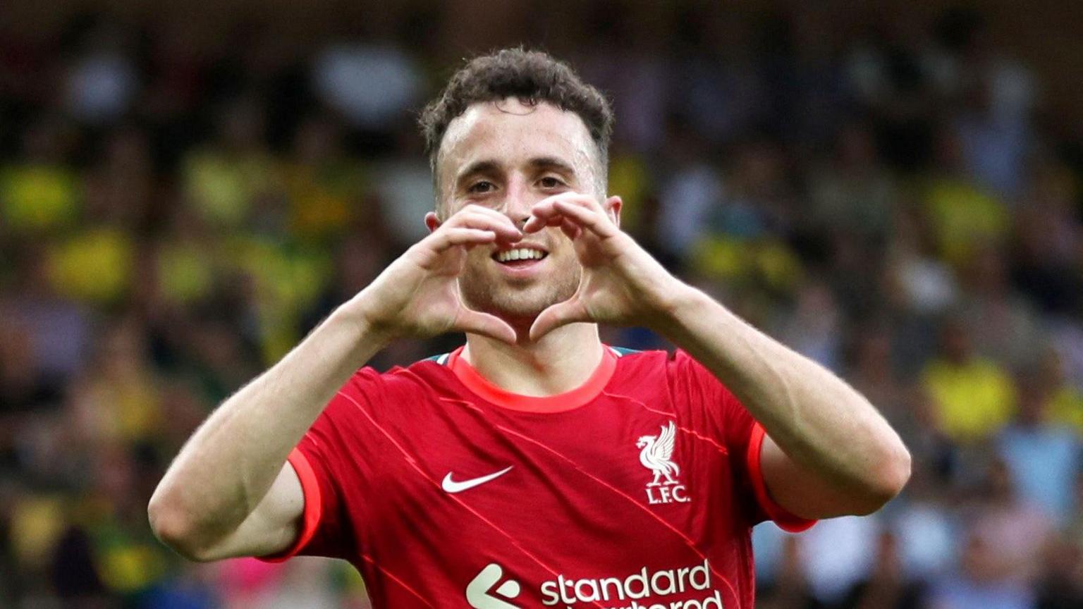 Diogo Jota makes a heart sign during a match in 2021