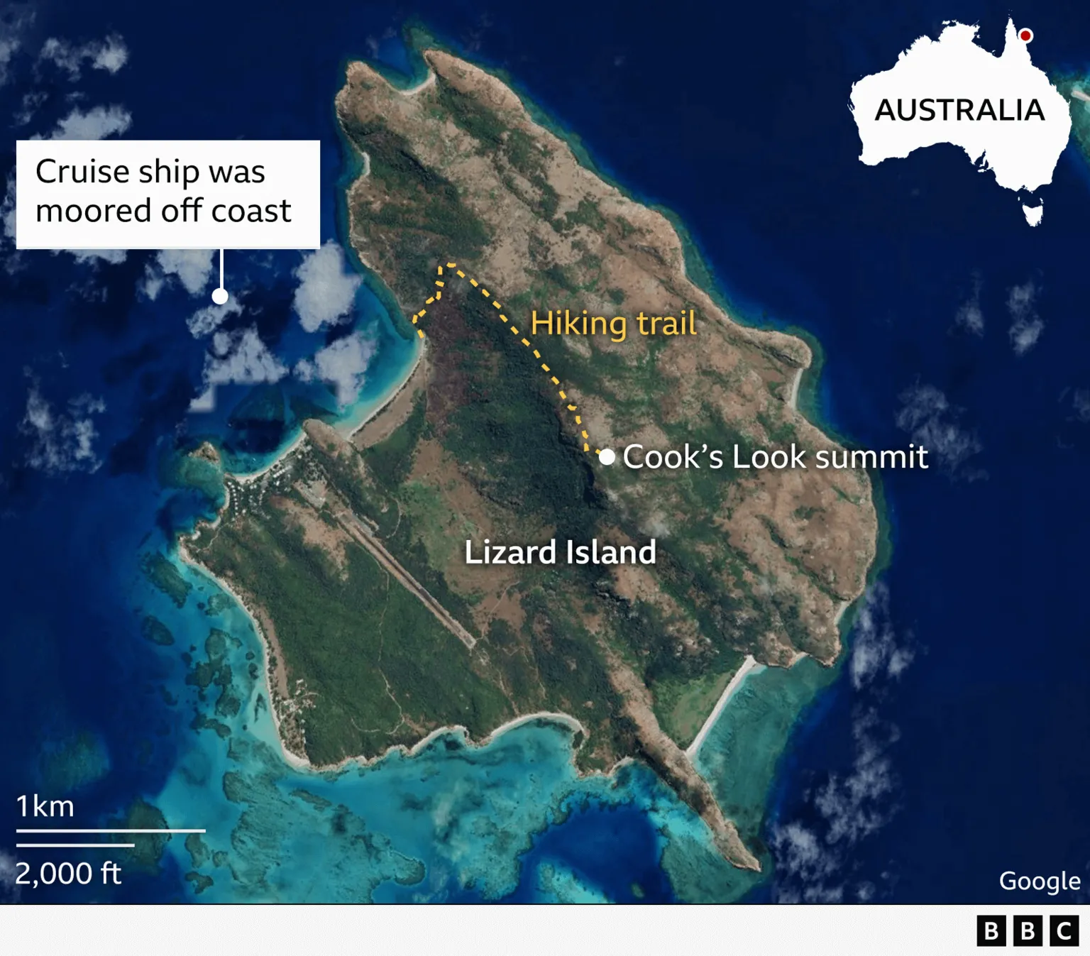 Satellite image of Lizard Island, with Cook's Look summit and a hiking trail identified. A dot point also shows where the cruise ship was moored off the coast of the island.