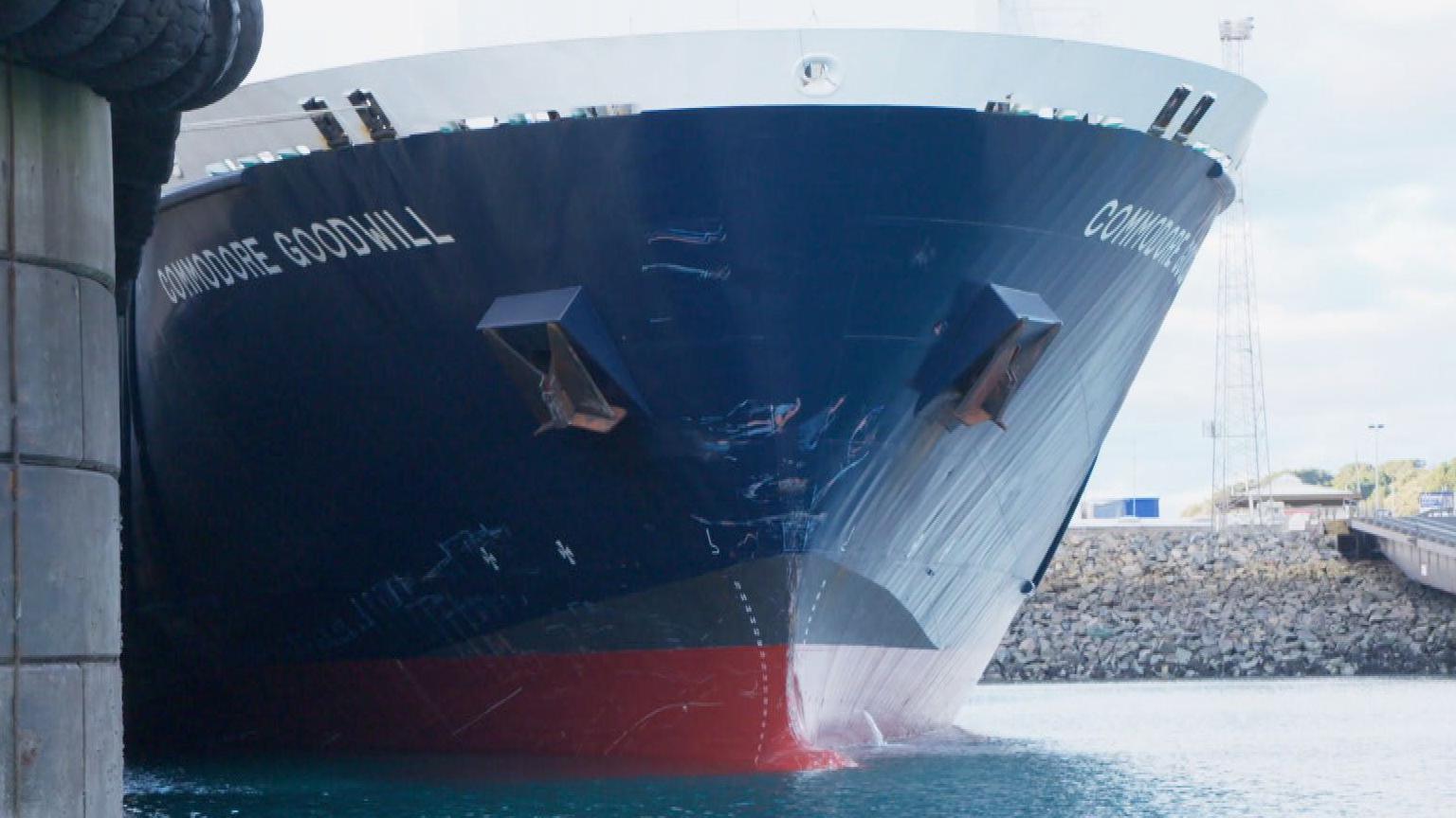The front of the Commodore Goodwill following a crash involving a fishing trawler called L'Ecume in December 2022. The front of the Goodwill has large scratches and areas of damage showing where the vessels collided.