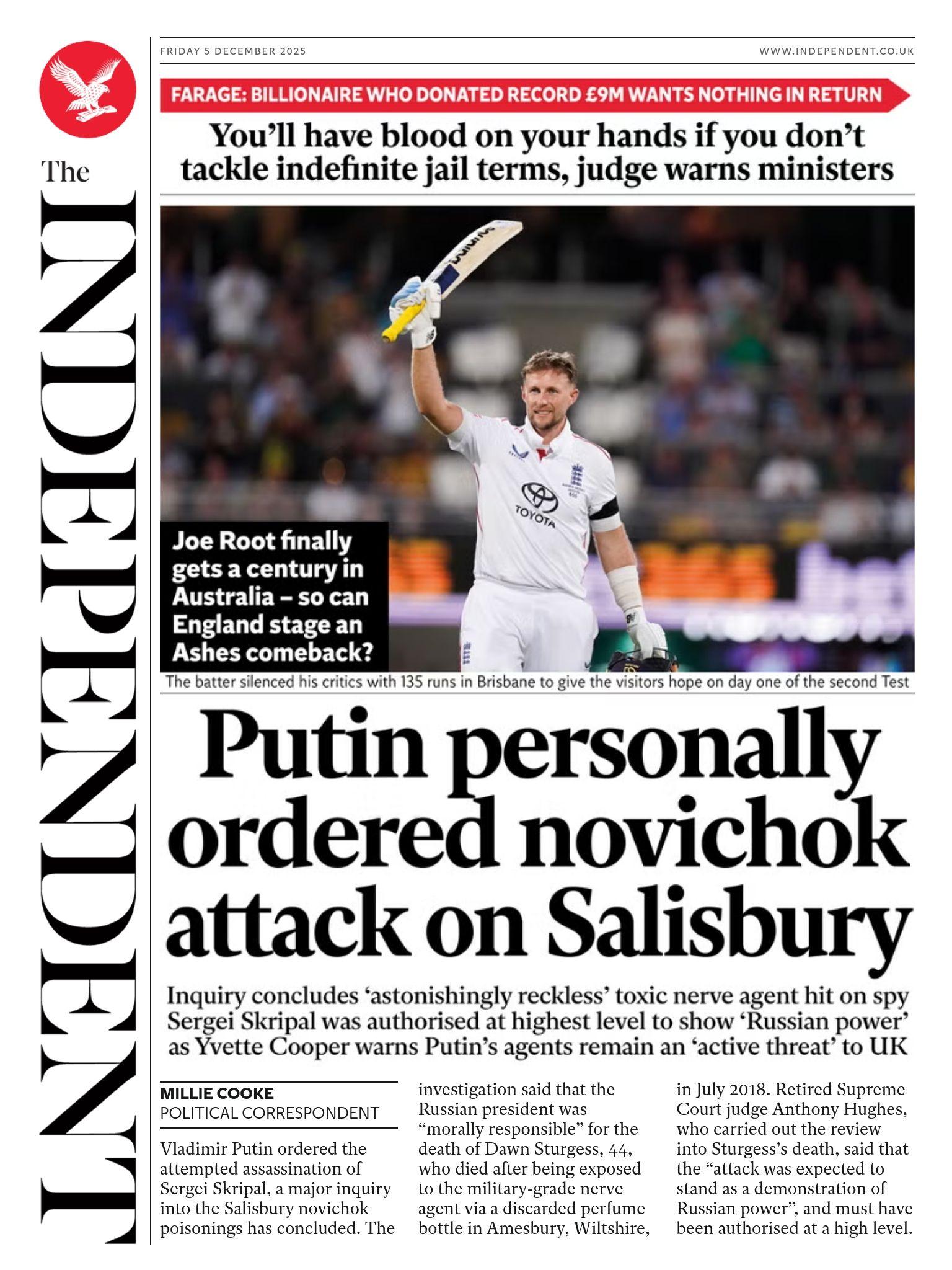 "Putini personalisht urdhëroi sulmin me Novichok në Salisbury", thuhet në titullin kryesor të faqes së parë të gazetës Independent.