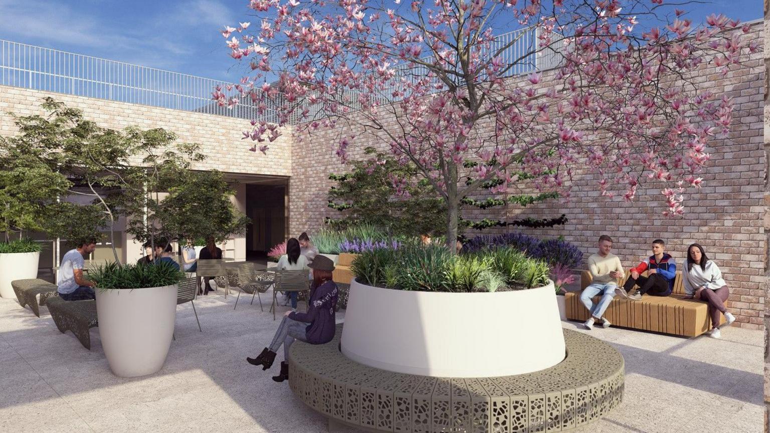 An artist impression of the rooftop garden. There are chairs and benches and a cherry tree in the middle. 