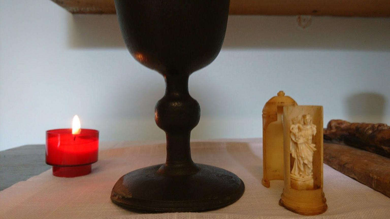 Artefacts belonging to Edmund Arrowsmith - a chalice and tiny statue of he Virgin Mary .
