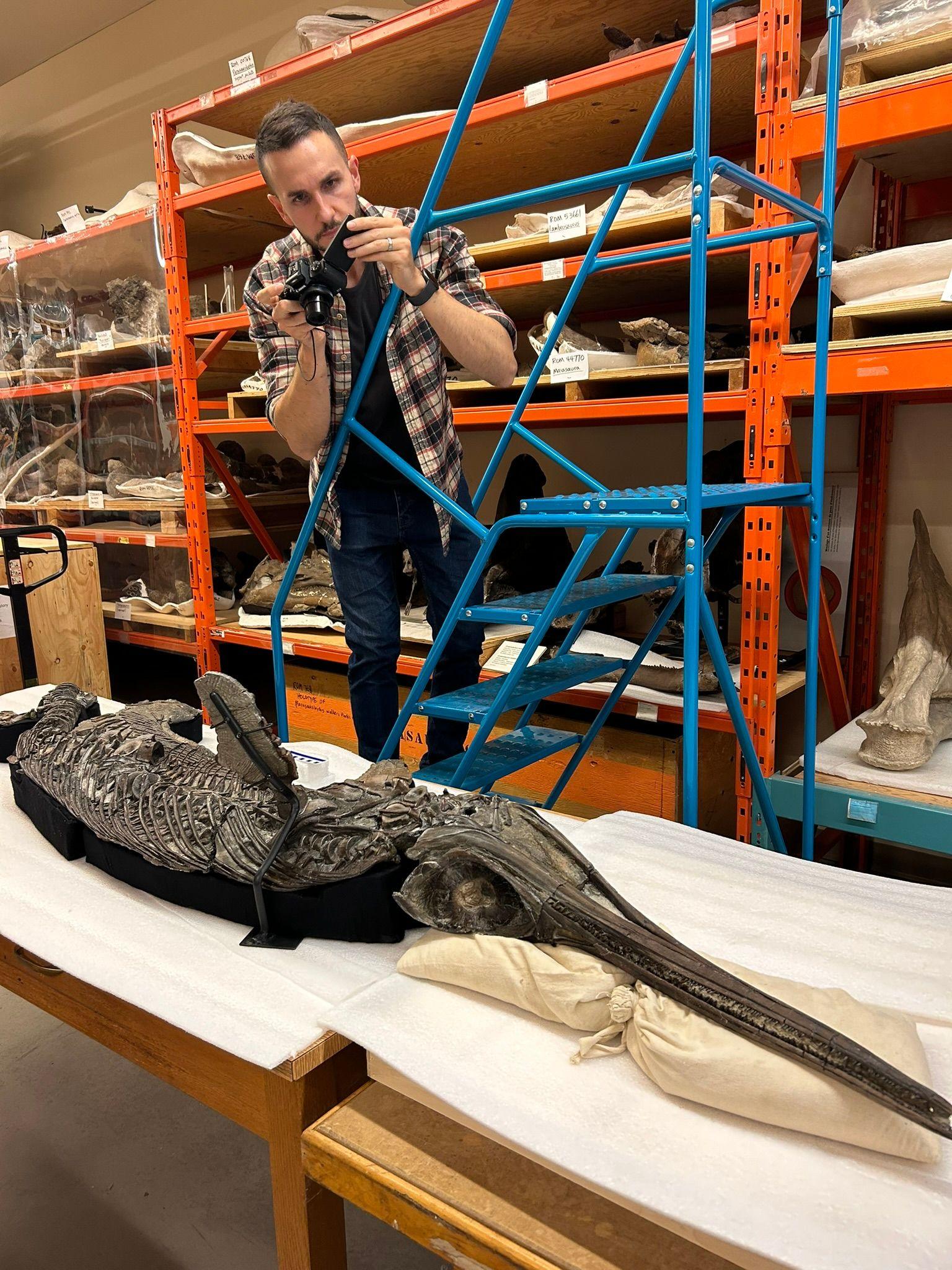 Dr Dean Lomax standing on a ladder to get a picture from above of the fossil that's laid on a table