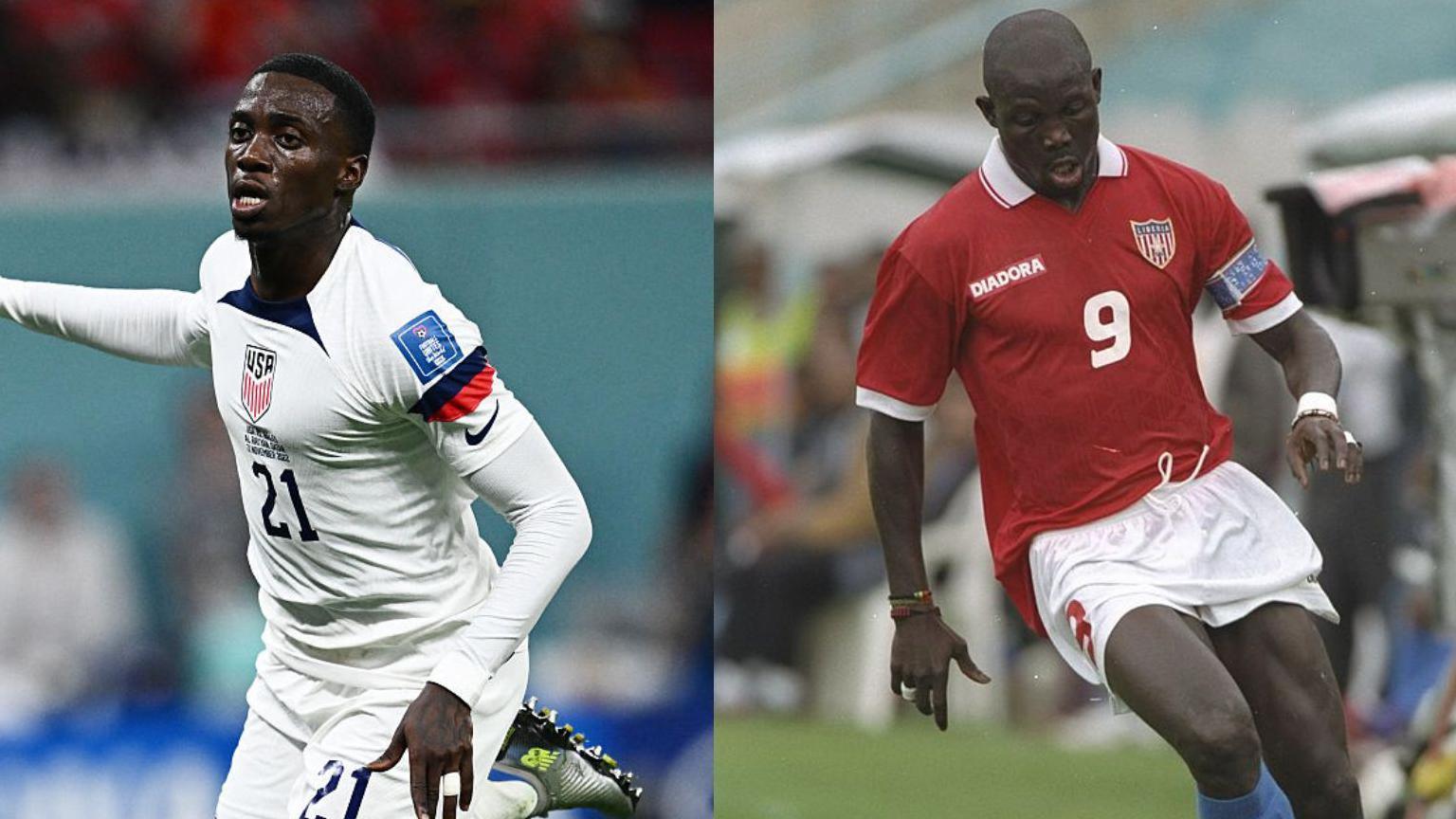Timothy Weah (left) playing in all white for the USA during their game against Wales in the 2022 Qatar World Cup. George Weah (right) wearing a red shirt and white shorts during Liberia's African Cup of Nations tie against Zaire.