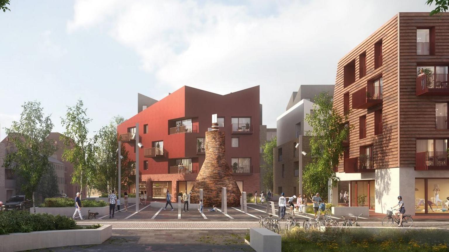 People walking outside around a large wooden chimney and modern appartments