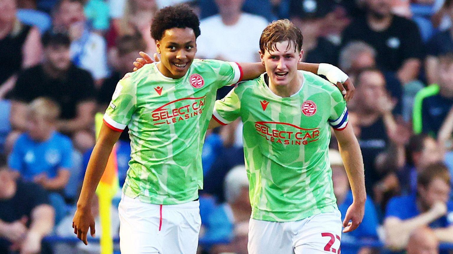 Reading's Andre Garcia celebrates with his teammate after scoring a goal