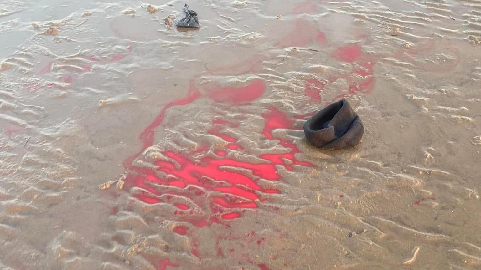 A sandy beach, with a large puddle of blood on it. Next to the puddle is a discarded hat and a dog poo bag