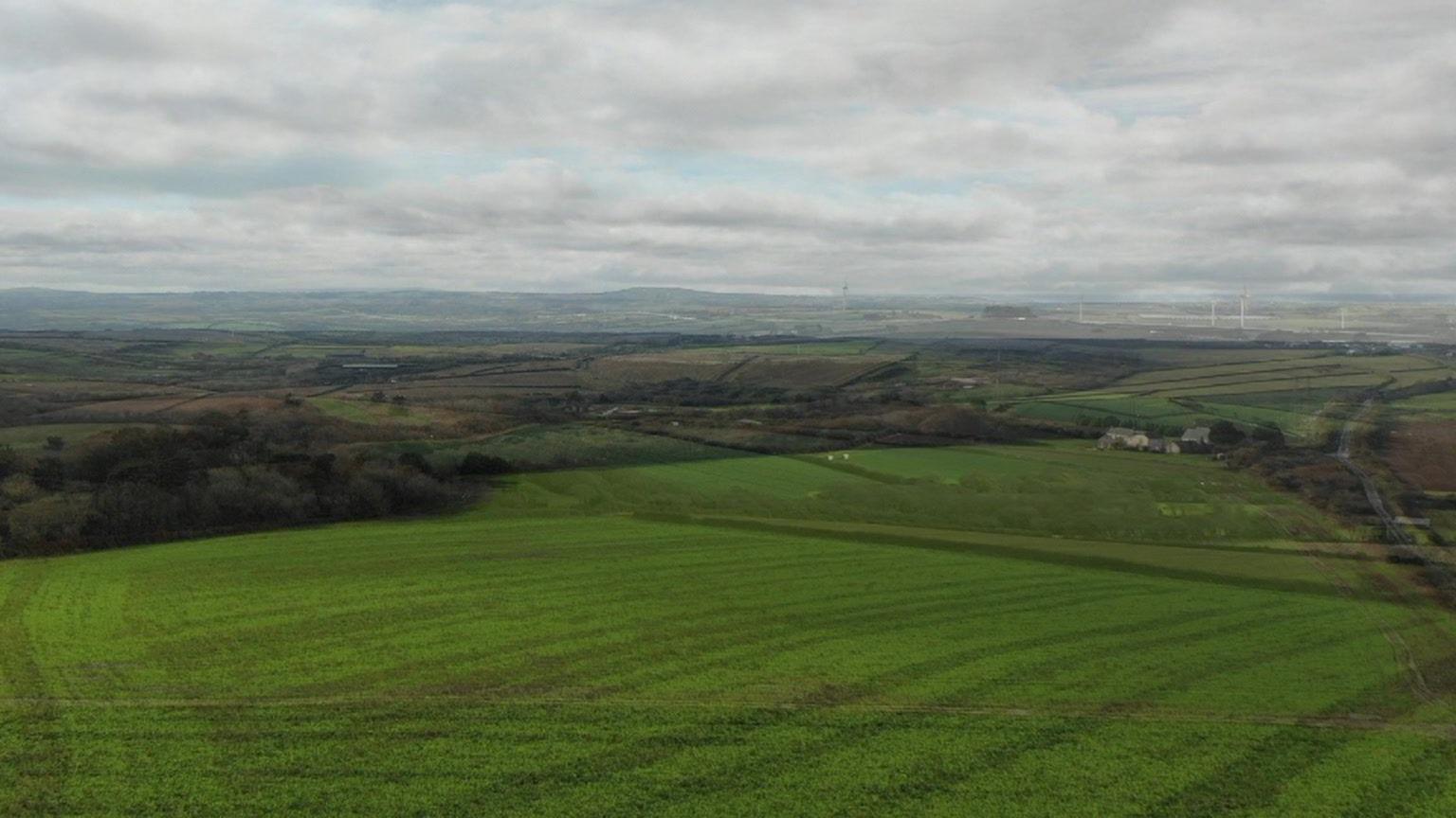 An expanse of green rolling farmland with wind turbines on the horizon