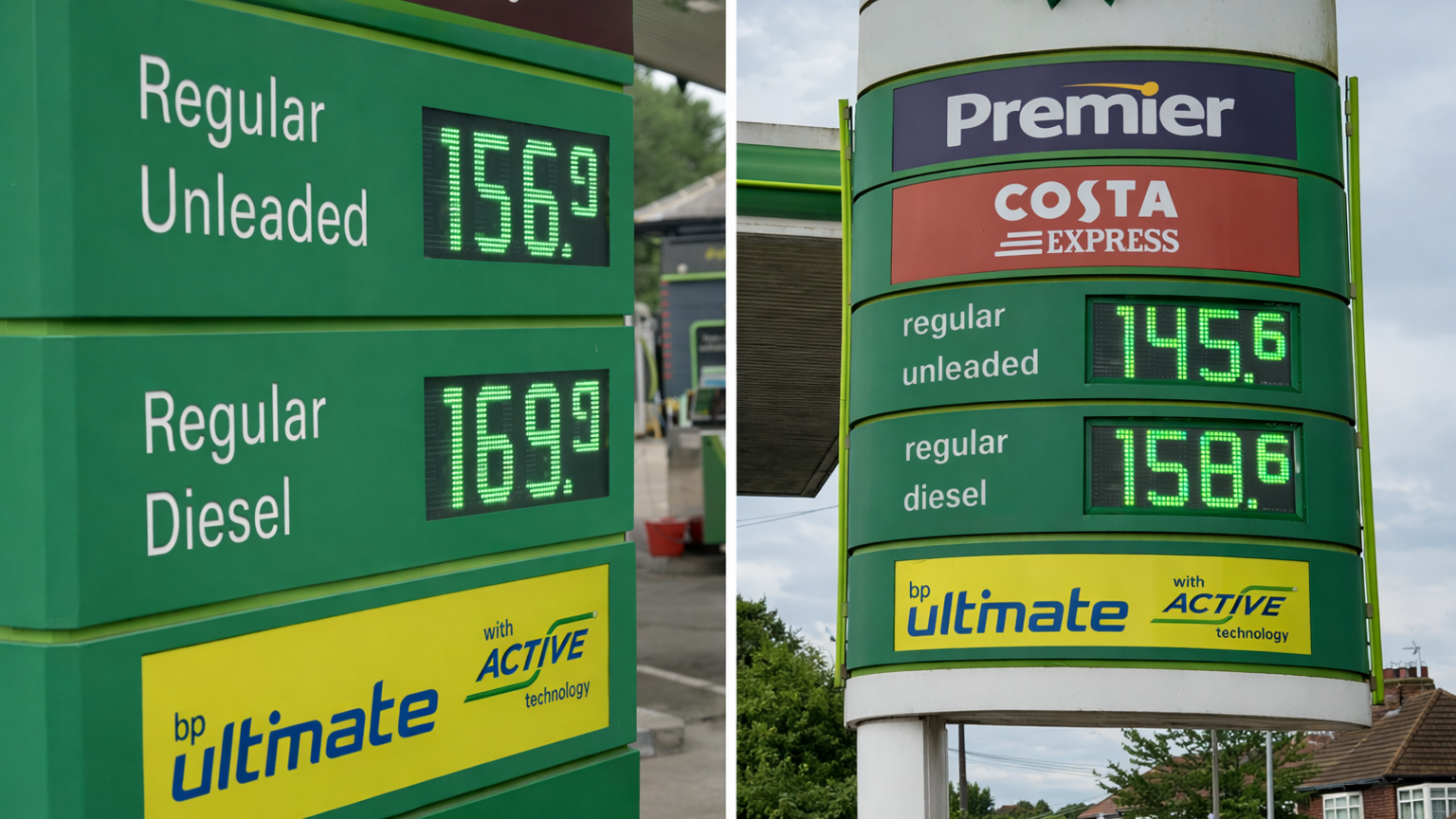 On the left the yellow and green forecourt price display at the BP garage on Maybury Road in Hull shows petrol at 156.9 p per litre and diesel at 169.9p per litre. On the right the sign at Bilton Service Station lists petrol at 145.6p per listre and diesel at 158.6p per litre.  A dfference of 11.3p per litre on both petrol and diesel between garages just 2.8 miles apart.
