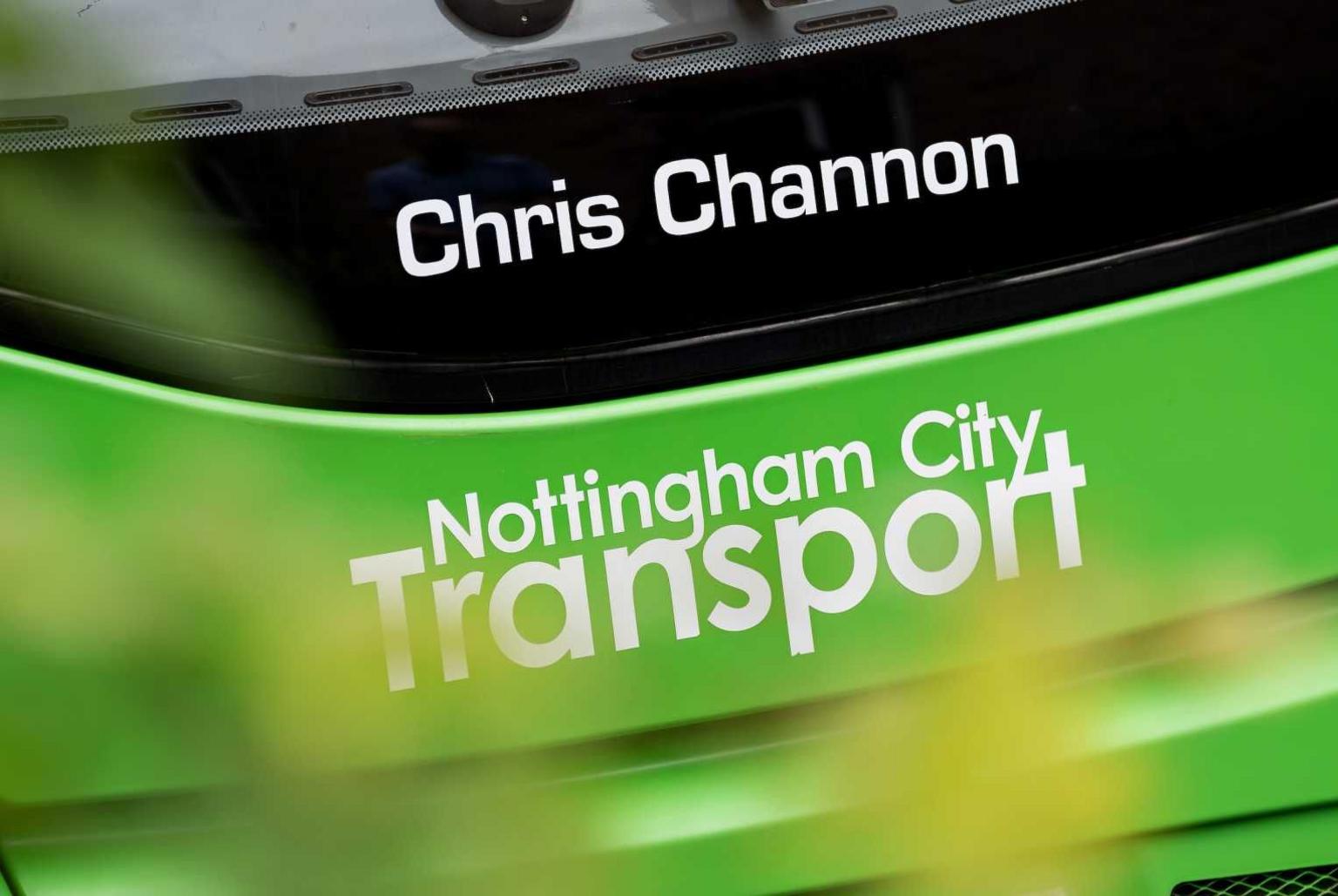 The bus that's been named after Chris Channon with his name on the front