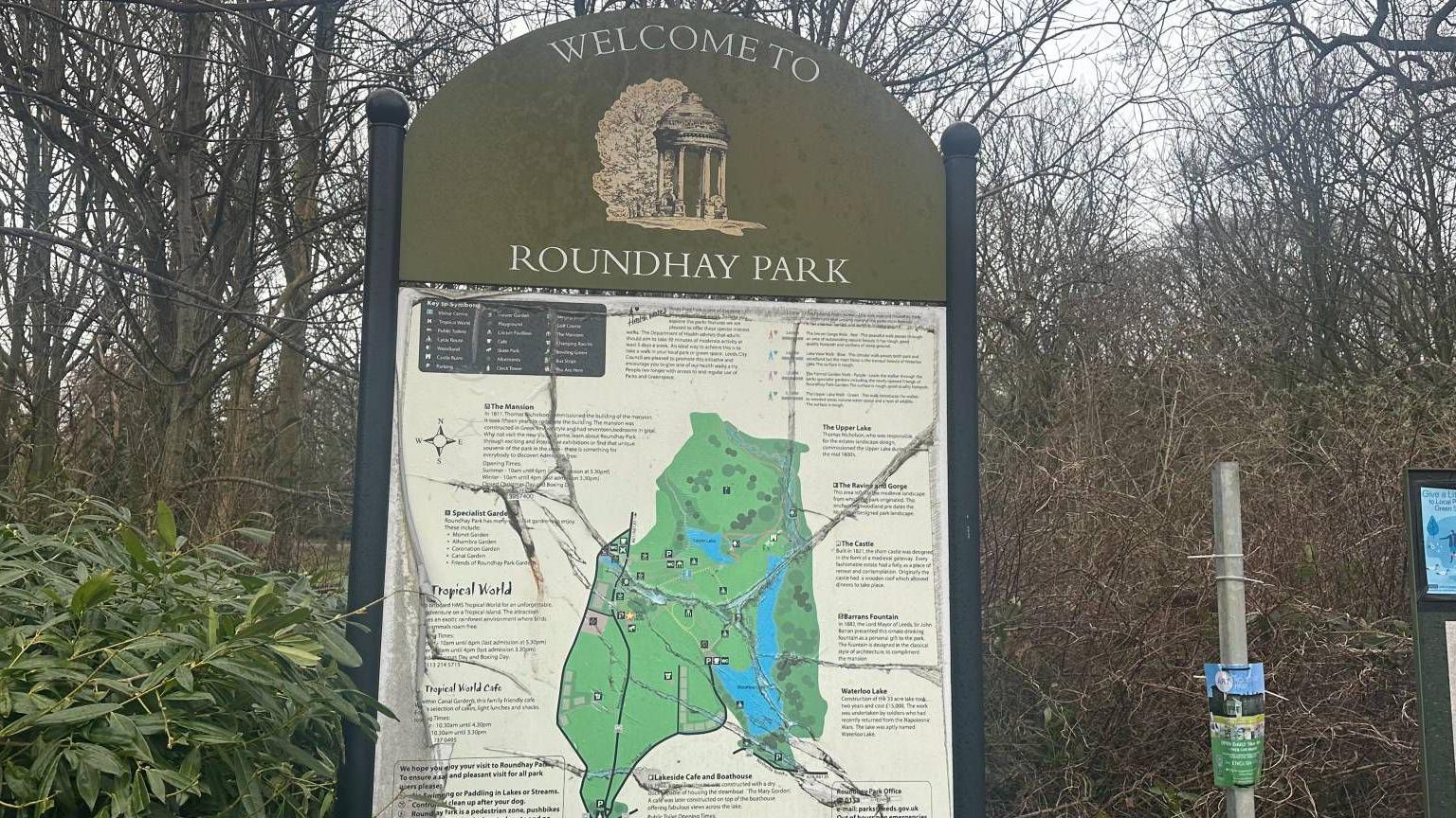 Roundhay Park, Leeds, sign with a map on the sign showing the layout of the park