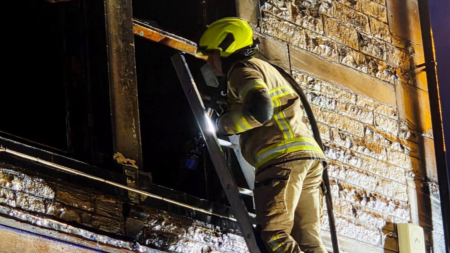 A firefighter on a ladder looks into the upper window of a building