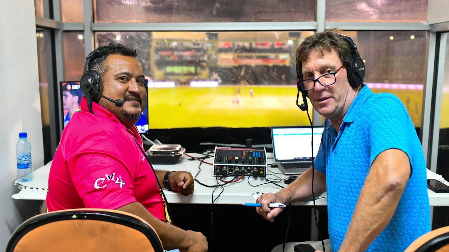 John Ramsingh (left) of Guyana radio and Kevan James (right) from BBC Radio Solent pose for a photo