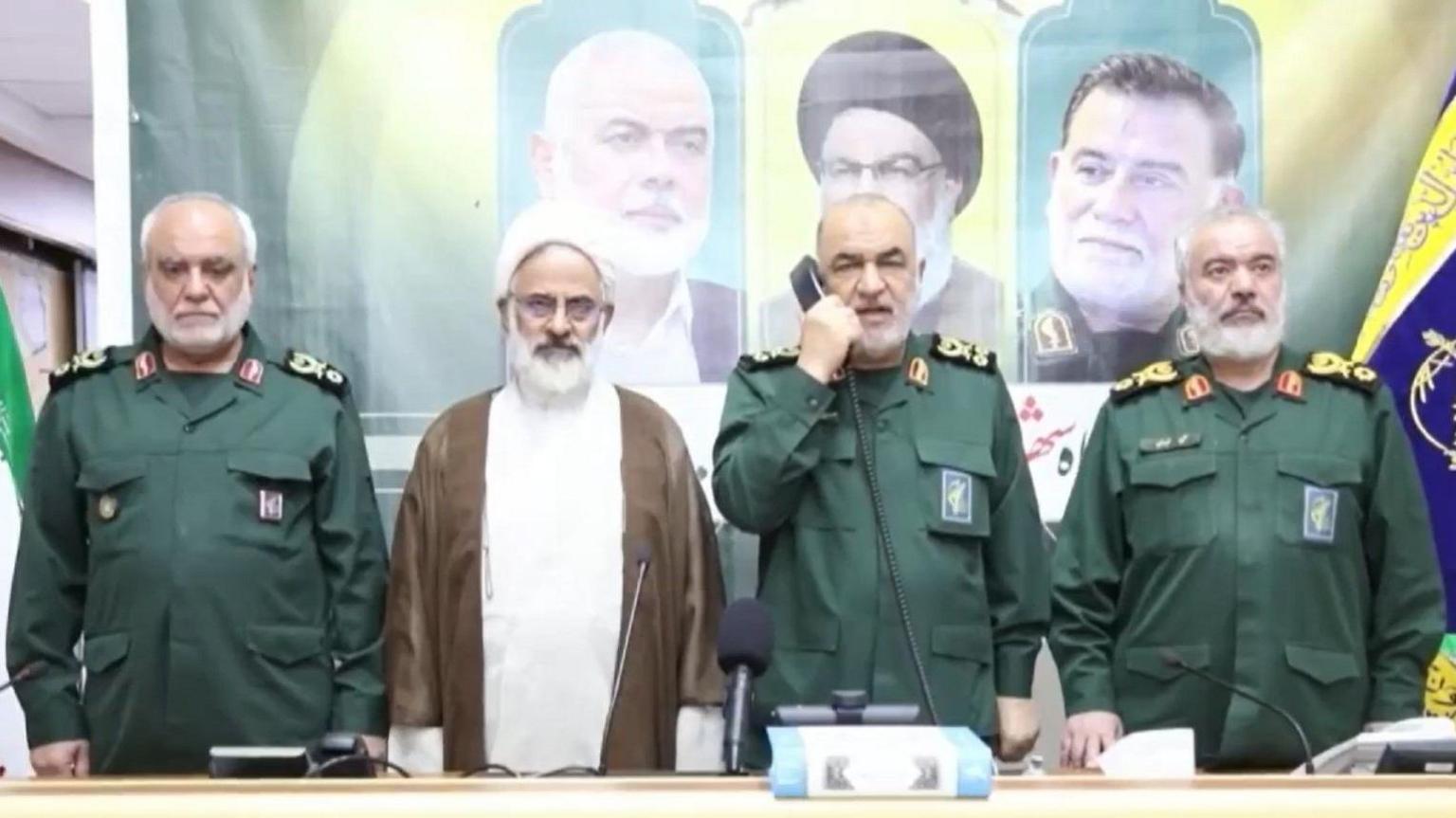 Screengrab from Iranian state media showing the commander-in-chief of Iran’s Islamic Revolution Guard Corps (IRGC), Maj-Gen Hossein Salami (2nd right), ordering a ballistic missile attack on Israel (1 October 2024)