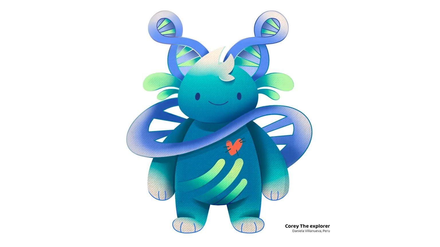 A blue and green smiley creature standing on two legs with arms. It has what looks like DNA helixes wrapping around it