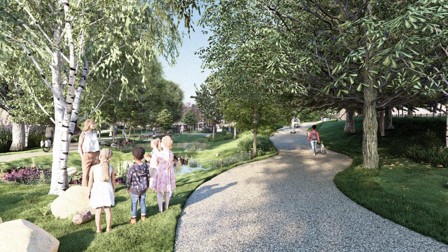 Artist impression for Bulwell town centre, that shows a curved walkway surrounded by trees, a pond and flowers. 