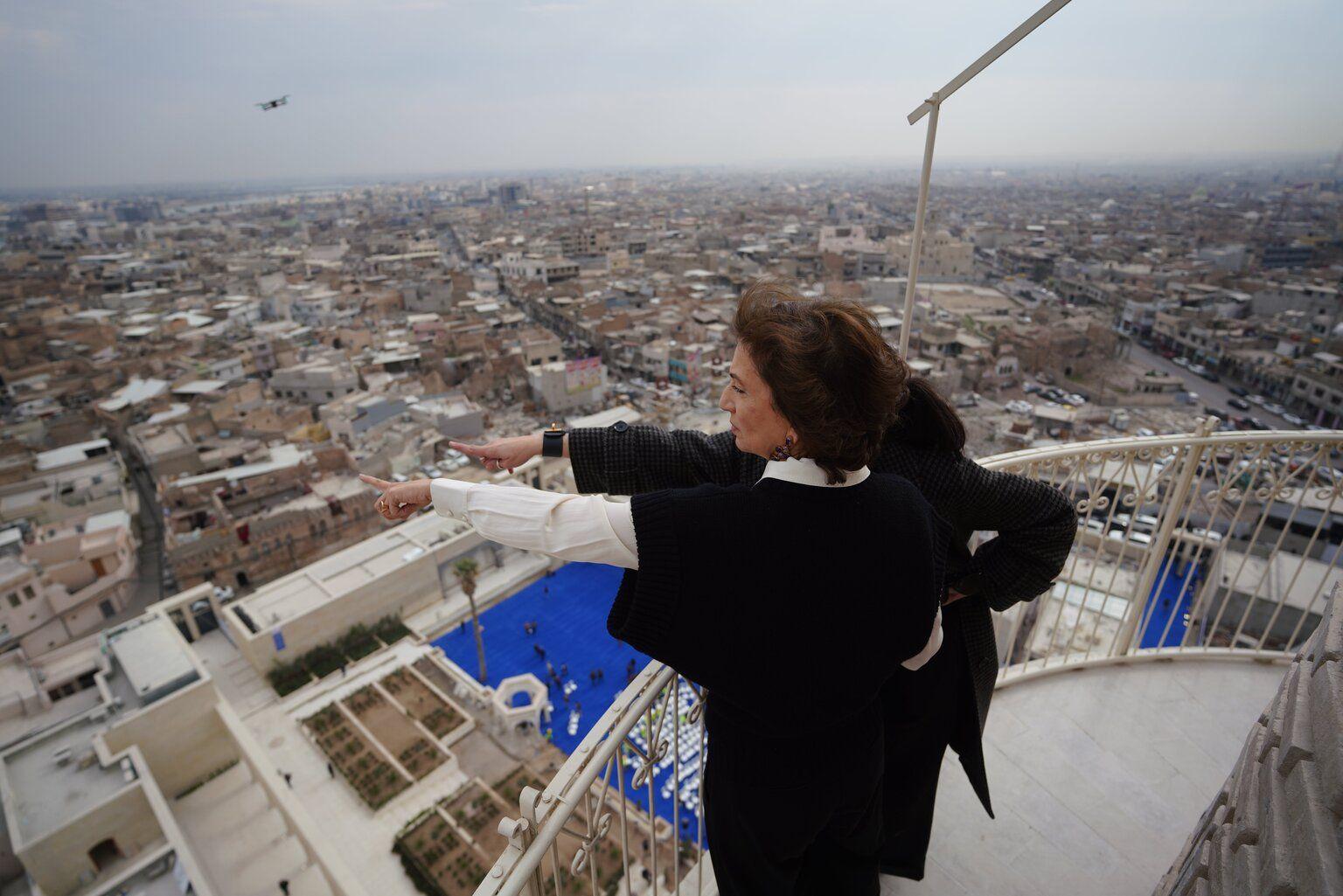 Unesco Director General Audrey Azoulay surveys the Old City of Mosul from the top of al-Hadba minaret