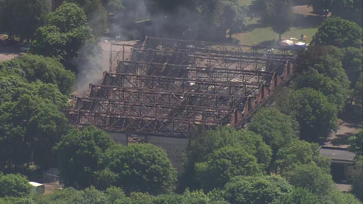 The hangar at Bicester motion with its roof totally destroyed.