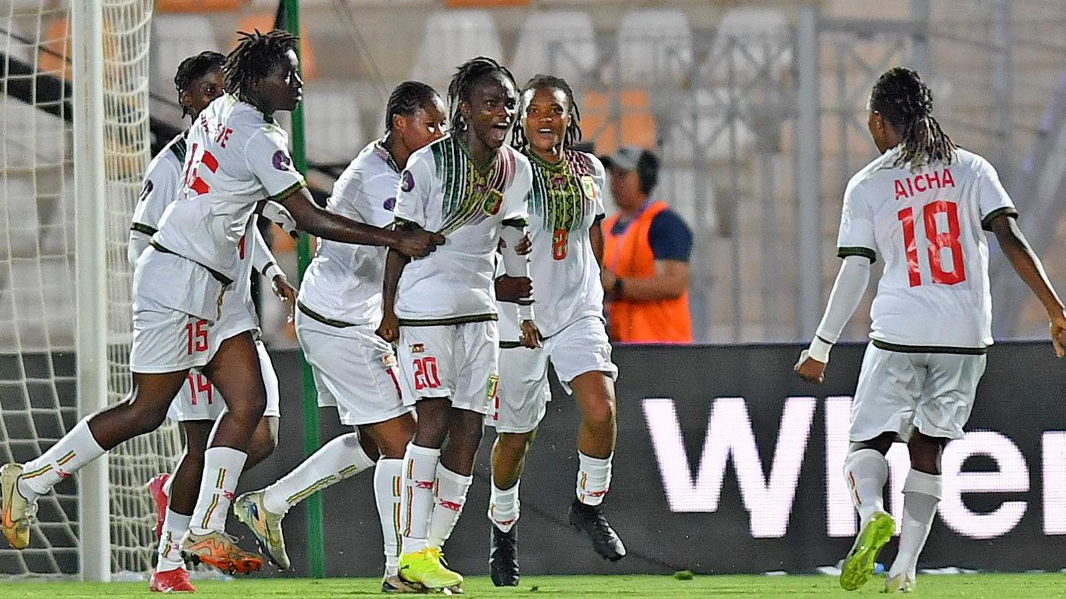 Saratou Traore celebrates scoring against Tanzania with her Mali team-mates