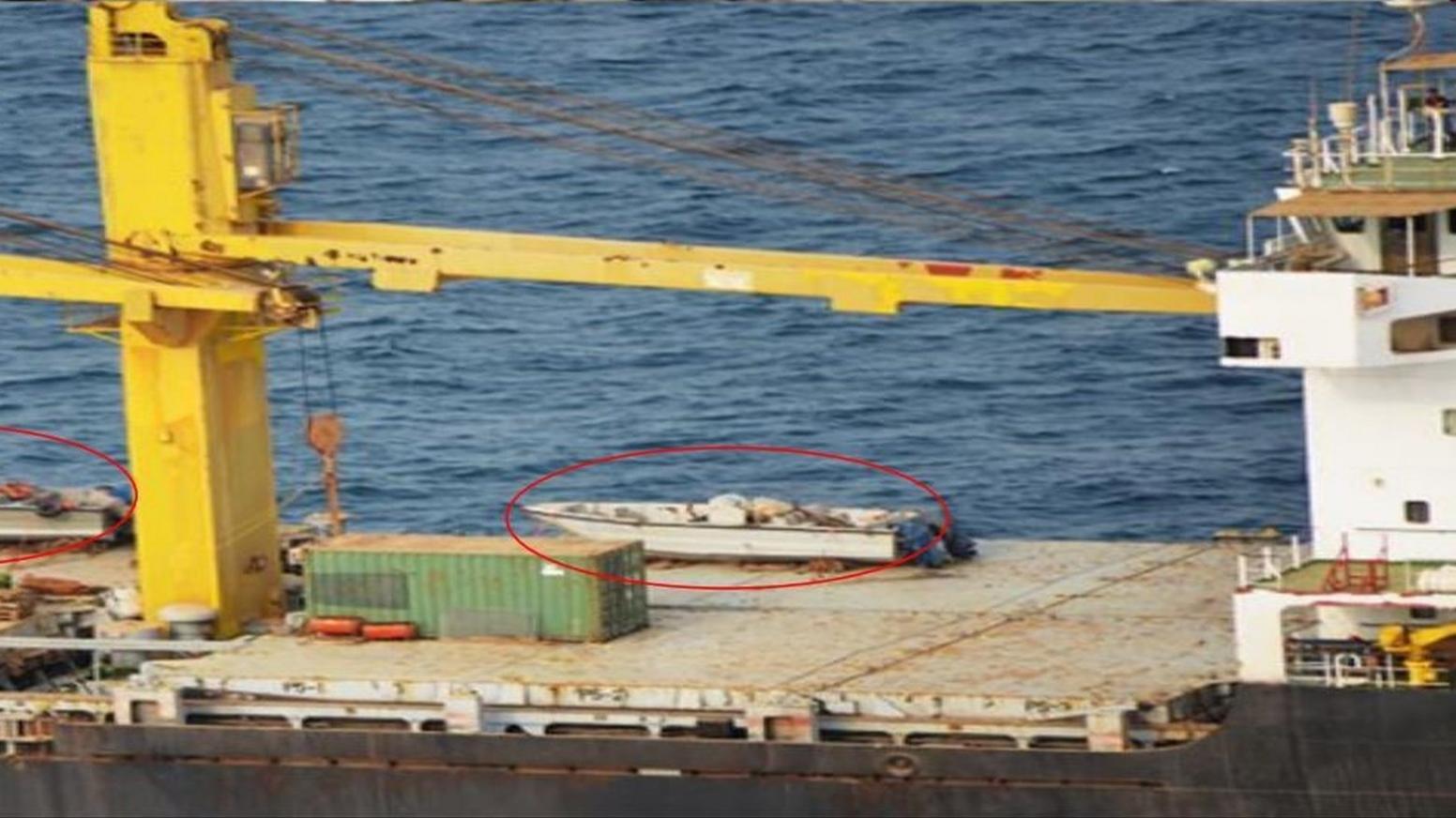 Photograph released by the Saudi-led coalition in Yemen in 2018 purportedly showing speedboats on the deck of the Saviz