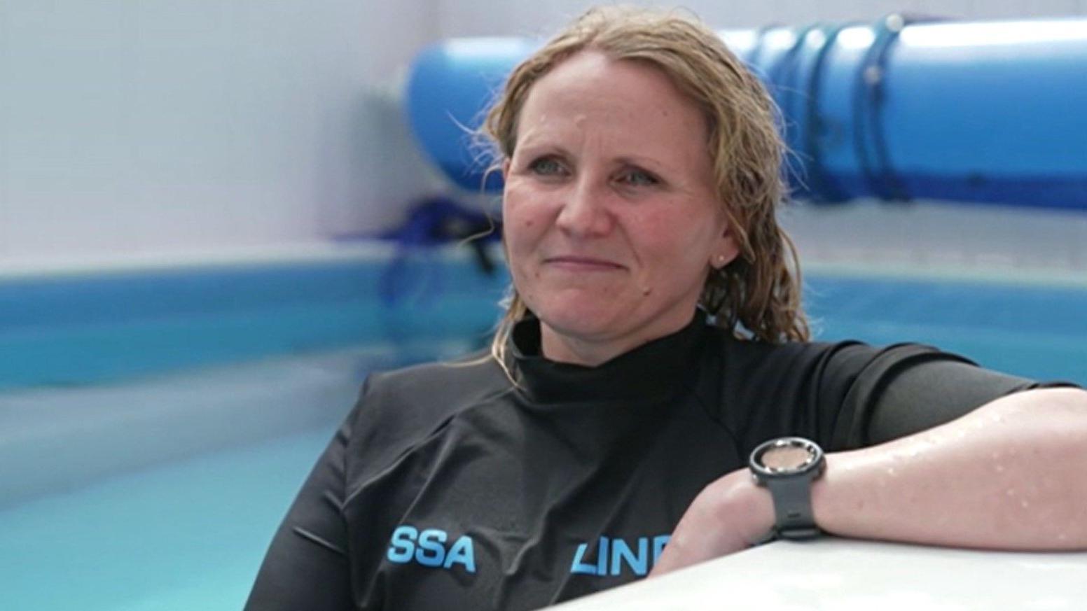 Lindsey Prior Mckie pictured in the swimming pool facing camera