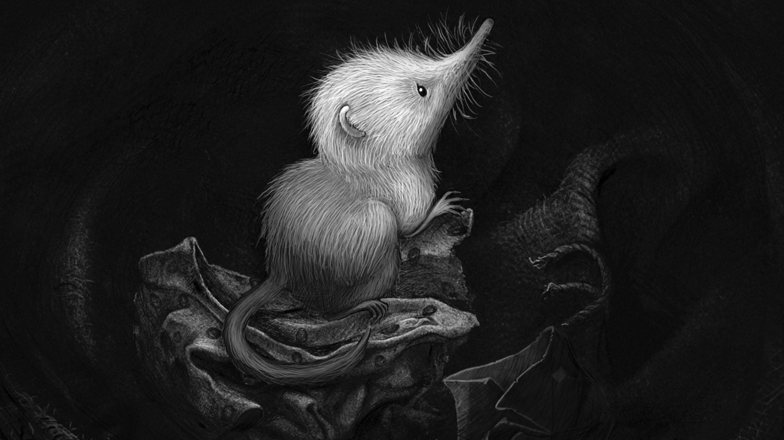 A still image from Little Shrew, a new black-and-white animated film written and directed by Kate Bush