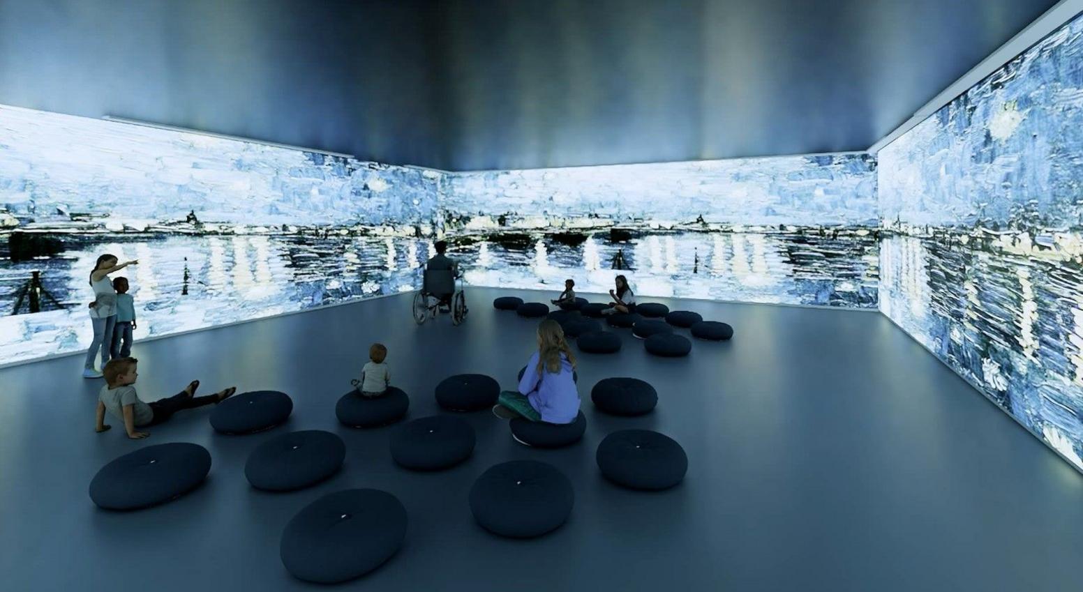 An artist impression of the immersion gallery. An image is projected across the walls in the room. There is seating space in the middle.