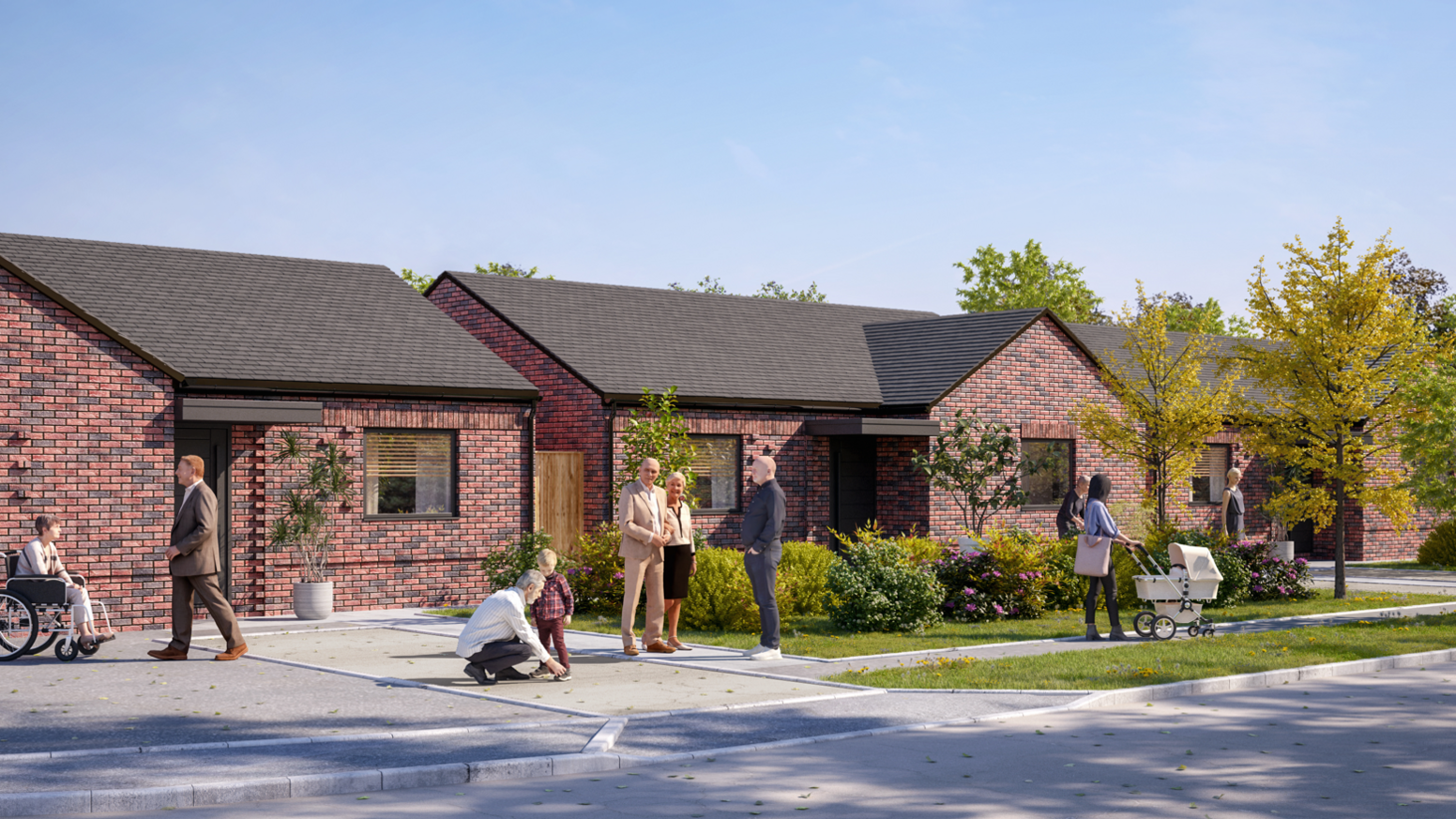 Computer generated image of what the new homes on the Lincoln Green Estate could look like showing a row of red and dark brown brick bungalows with people lined on the street outside the homes.