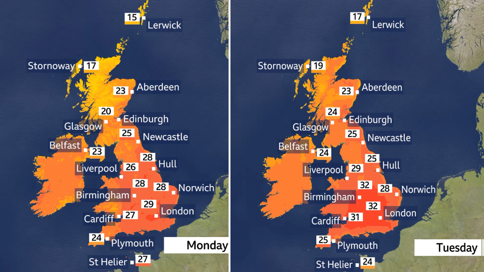 Two weather maps showing forecast temperatures for Monday and Tuesday - with temperatures ranging from 16C in Shetland to 32C in the Midlands