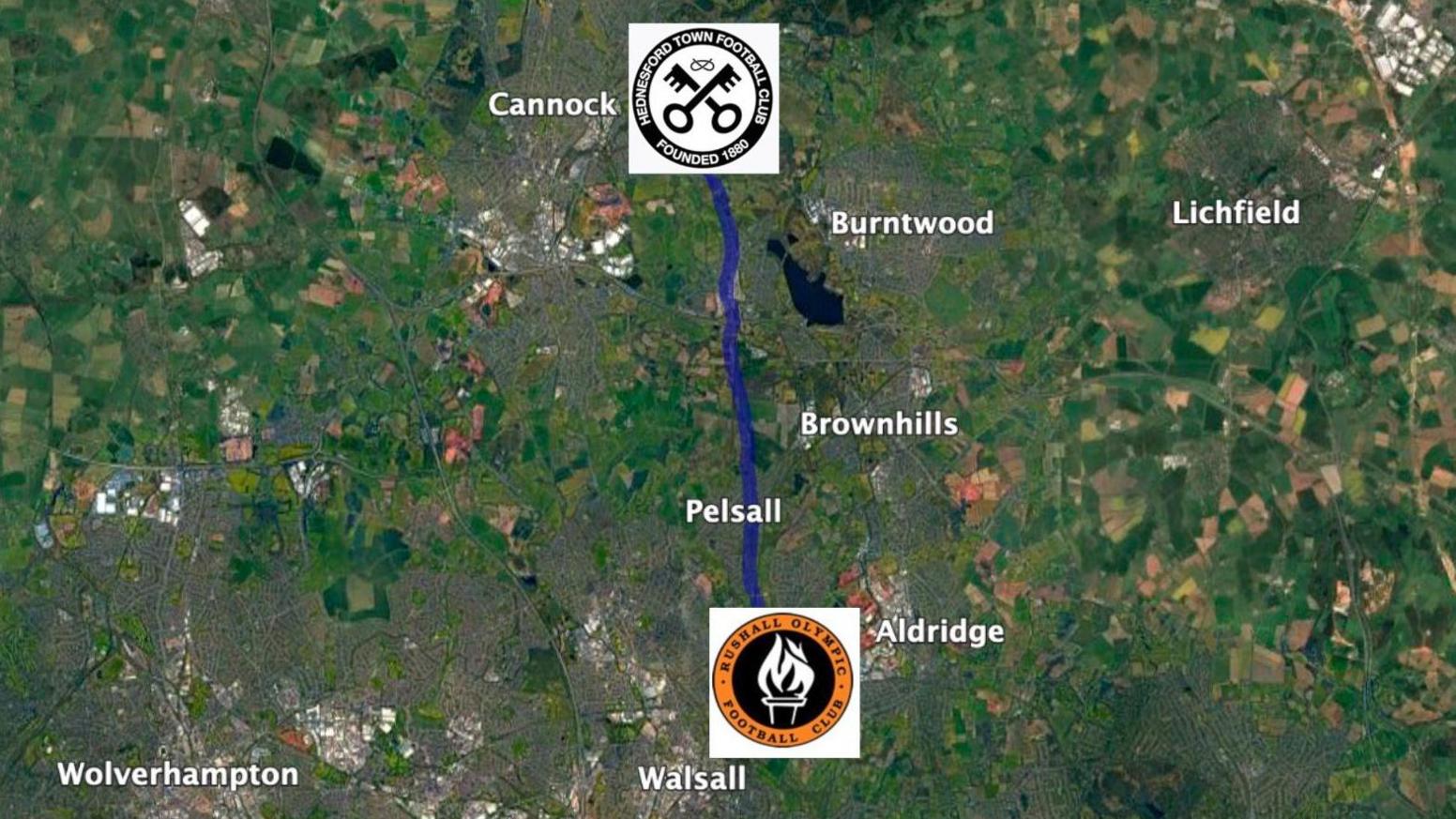 Map showing Hednesford's Keys Park and Rushall's Dales Lane homes - both to the north of Walsall