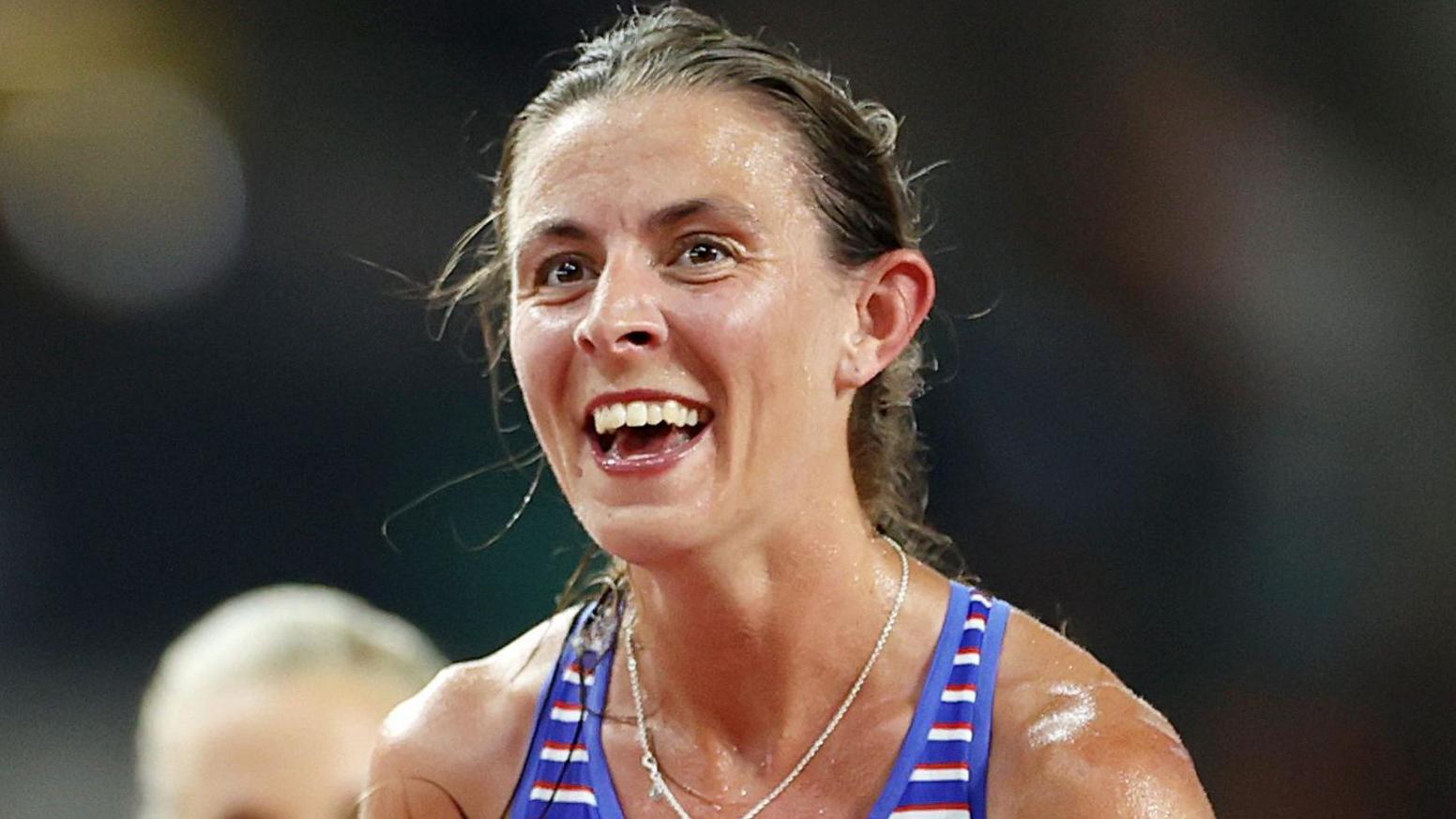 Great Britain's Jess Warner Judd smiles after finishing eighth in the women's 10,000m final at the 2023 World Athletics Championships in Budapest