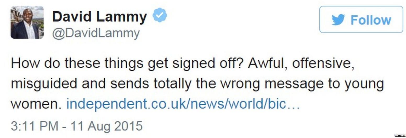 Tweet by British MP David Lammy commenting on Bic's 'sexist' advert - August 11, 2015