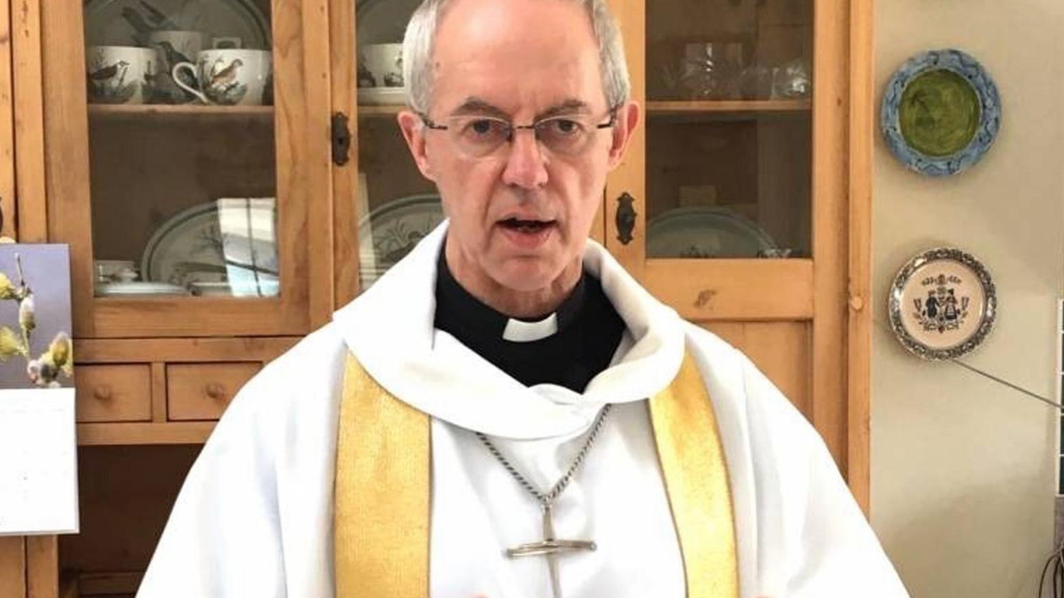 Archbishop of Canterbury Justin Welby recording his Easter Sunday sermon in the kitchen of his flat at Lambeth Palace in London