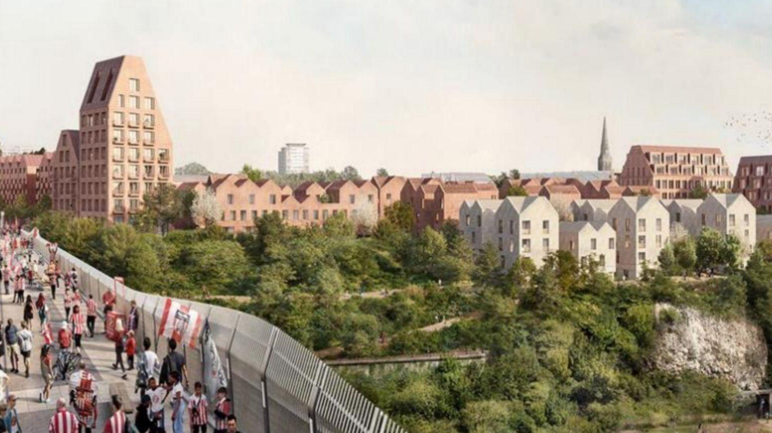 An artist's impression of the housing which stands over a grassy river bank. A bridge is in front of it with people walking across, some of them are wearing Sunderland tops