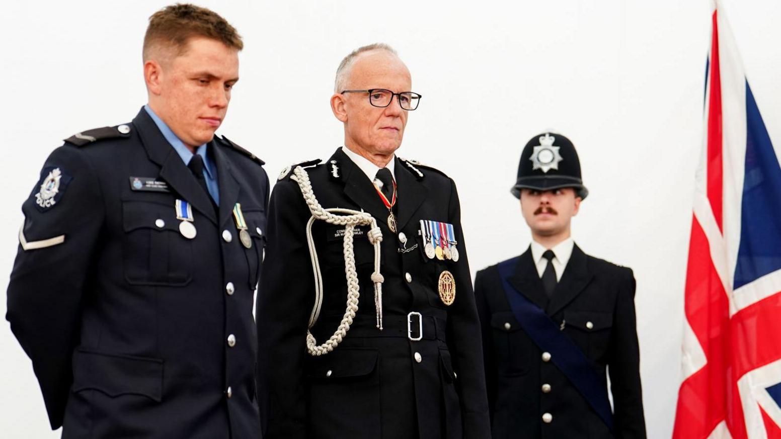 Son of Matt Ratana, Luke Ratana and commissioner of the Met Sir Mark Rowley during the unveiling of memorial stone