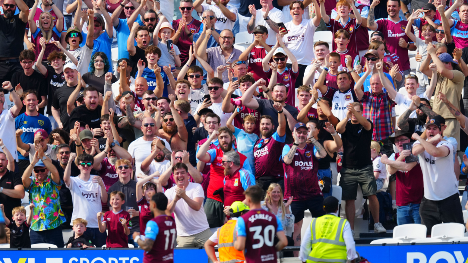 West Ham fans applaud and cheer Taty Castellanos' goal in the EFL Cup against Portsmouth