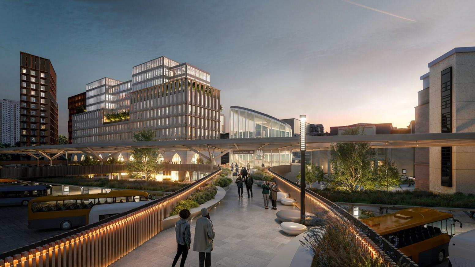 An artist's impression showing people walking over a bridge to a bus station at night