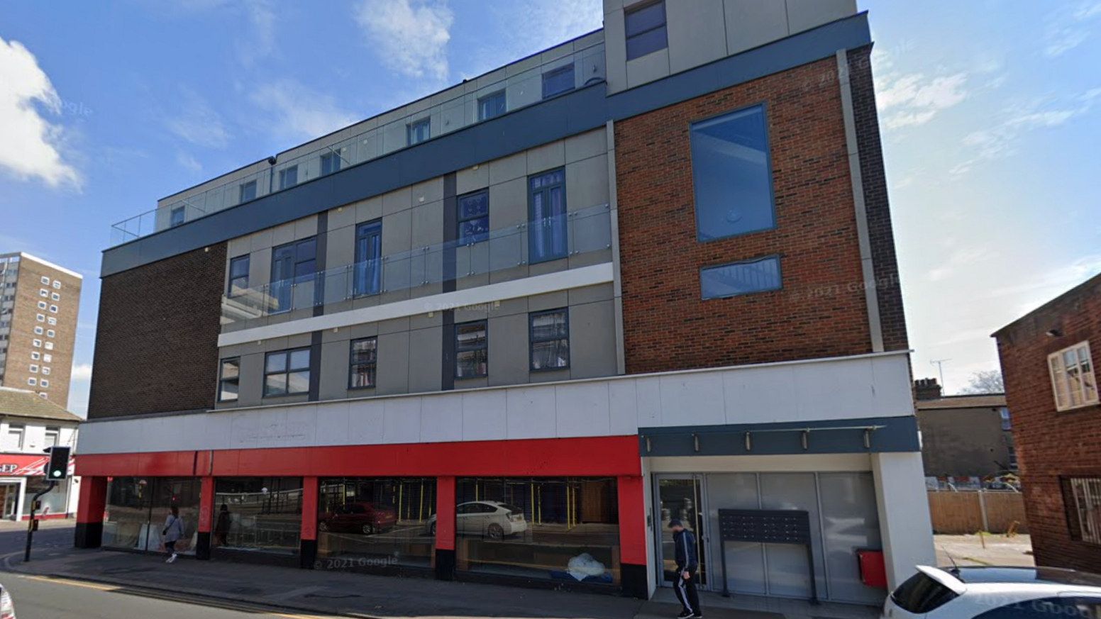 The building on Southchurch Road in Southend-on-Sea. It is four storeys high and there is brickwork and cladding visible. There appears to be a vacant commercial unit on the ground floor.