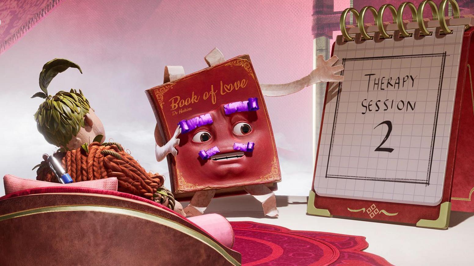 A red-leather bound 'Book of Love' with eyes, a mouth and paper arms and legs gestures towards a desktop flip calendar with "Therapy Session" and a number 2 written on it. A knitted doll character sits on a couch with his back to the viewer, looking on.