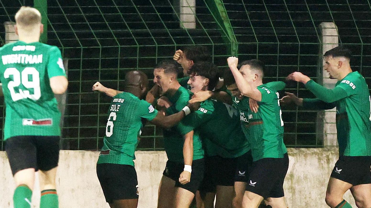 Glentoran celebrate Marcus Kane's goal against Linfield in Friday night's game